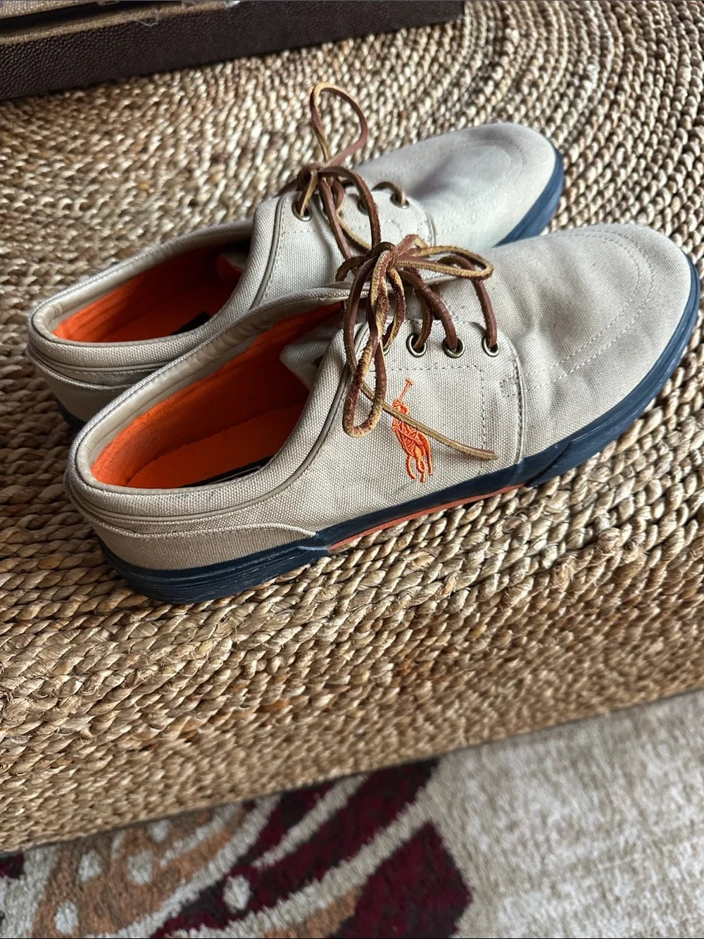 Polo by Ralph Lauren Men’s Beige Canvas Boat Shoes with Orange Logo size 10.5
